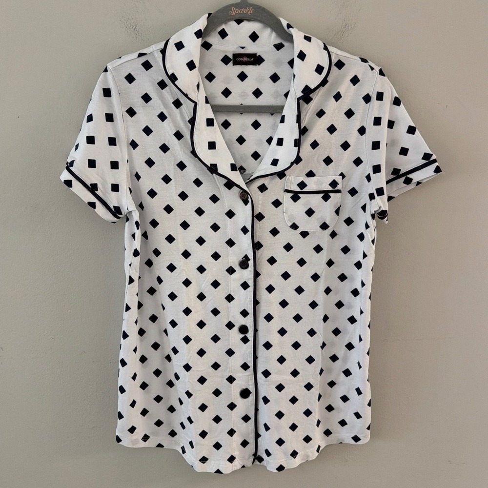 Cosabella Women Medium Bella Pajama Top Navy Blue Diamond Pima Cotton Modal